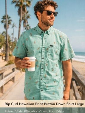 Rip Curl Hawaiian Print Button Down Shirt Large Teal Surf Beach Short Sleeve